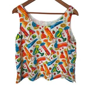 Ann May 100% Silk Sleeveless Blouse Tank Top Martini Tropical Drink Womens Large